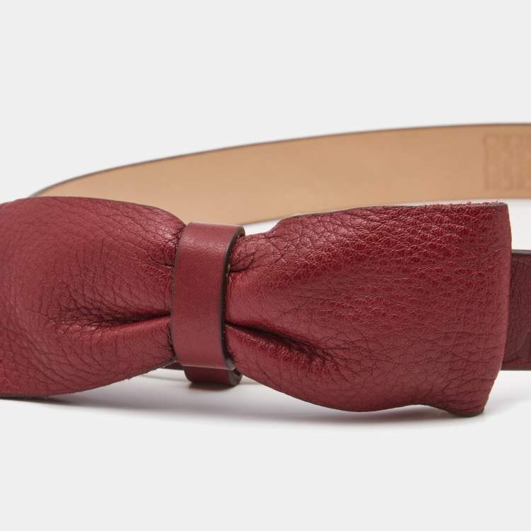 Pre Owned Carolina Herrera Red Logo Embossed Leather Bow Waist Belt 80CM