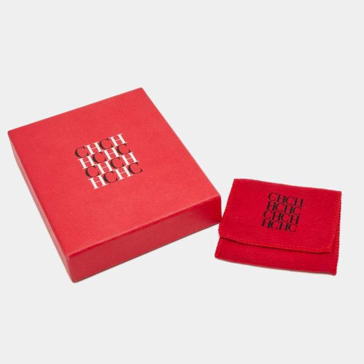 Pre Owned Carolina Herrera CH Black Leather Gold Tone Logo Bracelet