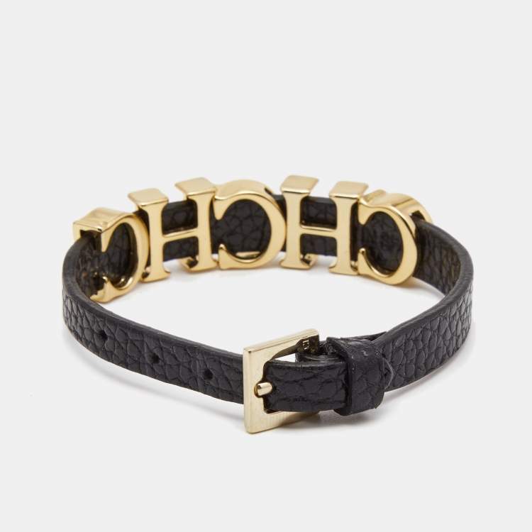 Pre Owned Carolina Herrera CH Black Leather Gold Tone Logo Bracelet