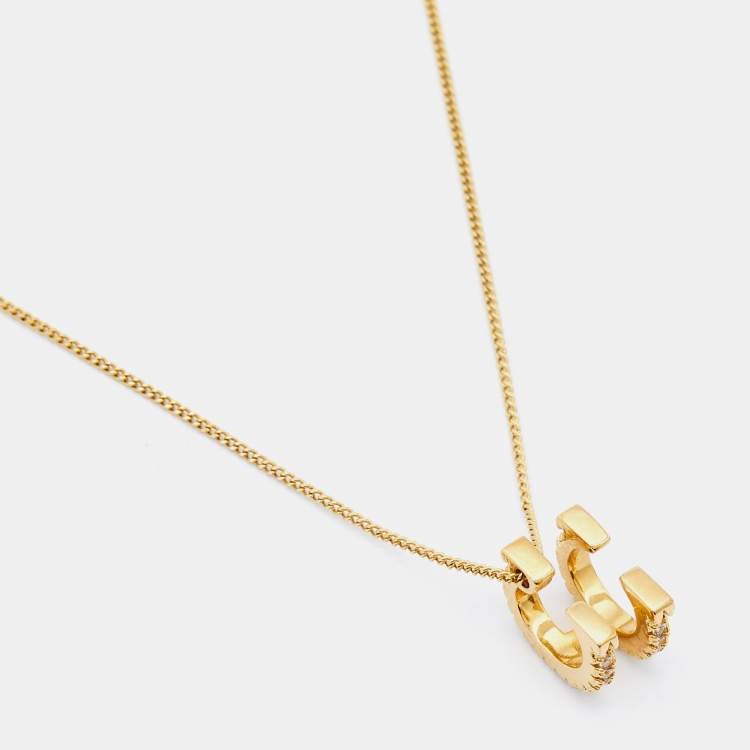 Pre Owned Carolina Herrera Gold Tone C/H Crystal Studded Pendant Necklace