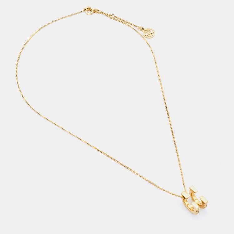 Pre Owned Carolina Herrera Gold Tone C/H Crystal Studded Pendant Necklace