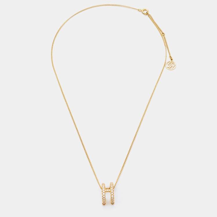 Pre Owned Carolina Herrera Gold Tone C/H Crystal Studded Pendant Necklace