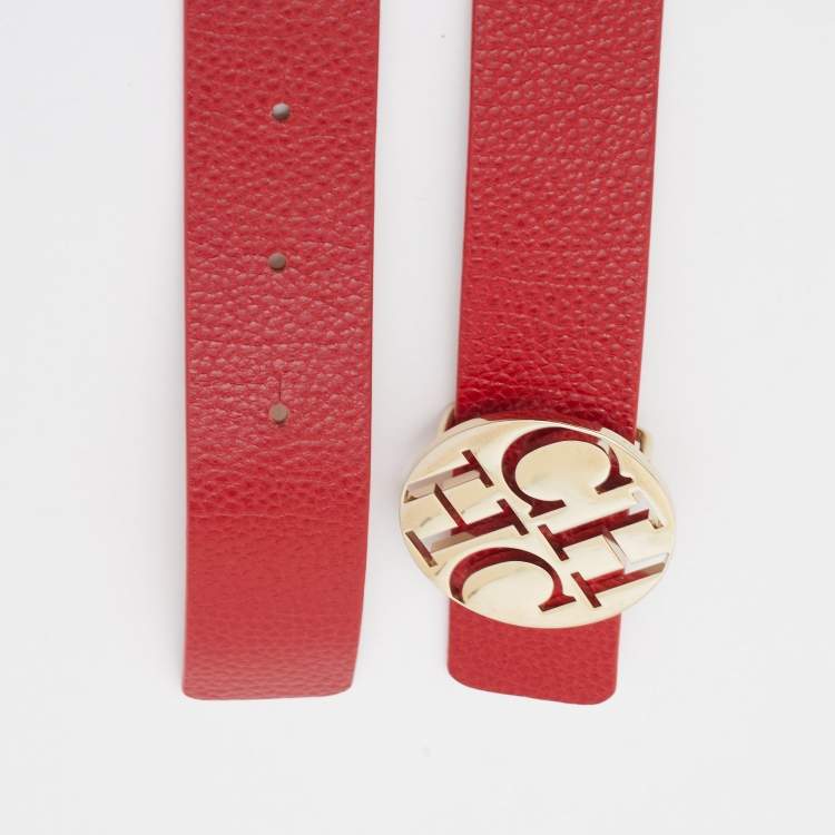 Pre Owned Carolina Herrera Red Leather Logo Round Buckle Belt 85CM