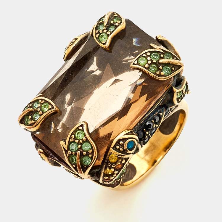 Pre Owned Carolina Herrera CH Crystals Gold Tone Ring Size 56