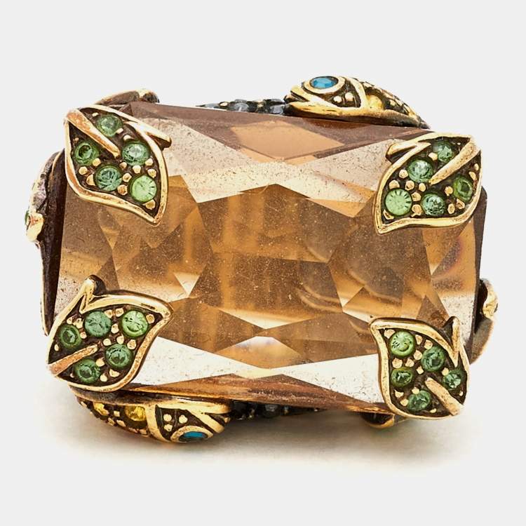 Pre Owned Carolina Herrera CH Crystals Gold Tone Ring Size 56