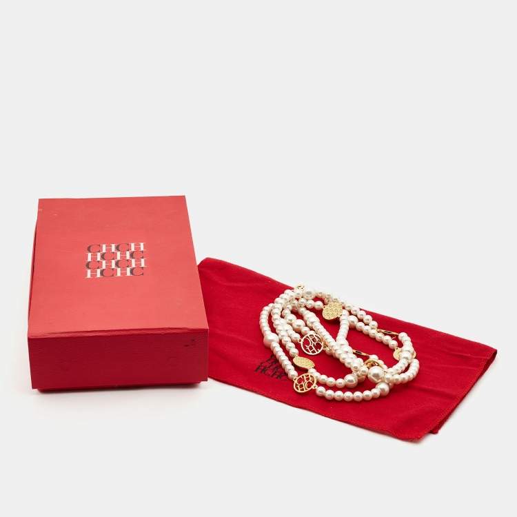 Pre Owned CH Carolina Herrera Faux Pearl Gold Tone Long Station Necklace