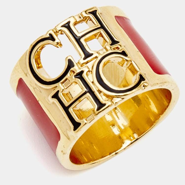 Pre Owned Carolina Herrera CH Enamel Gold Tone Ring Size 54