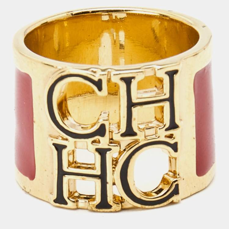 Pre Owned Carolina Herrera CH Enamel Gold Tone Ring Size 54