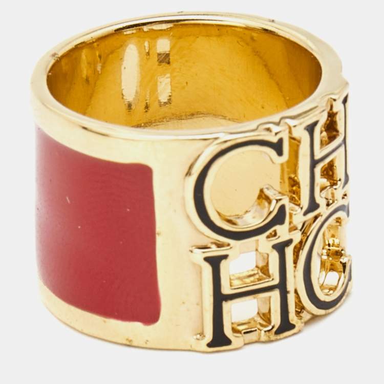 Pre Owned Carolina Herrera CH Enamel Gold Tone Ring Size 54