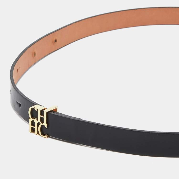 Pre Owned Carolina Herrera Black Leather CHHC Logo Waist Belt 85CM
