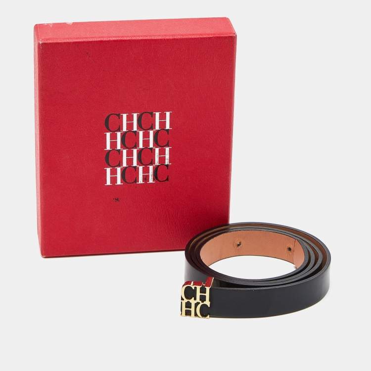 Pre Owned Carolina Herrera Black Leather CHHC Logo Waist Belt 85CM