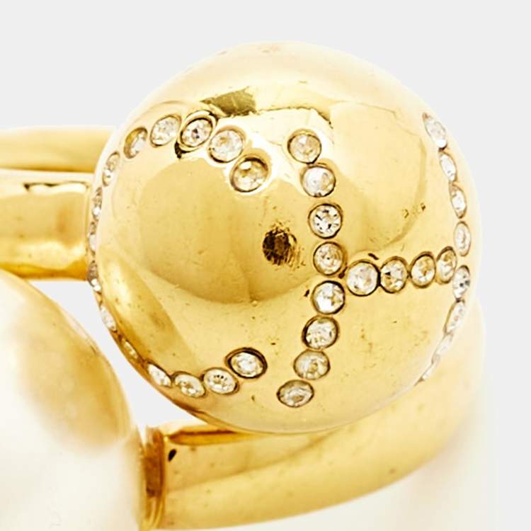 Pre Owned Carolina Herrera CH Faux Pearl Crystal Gold Tone Ring Size 49