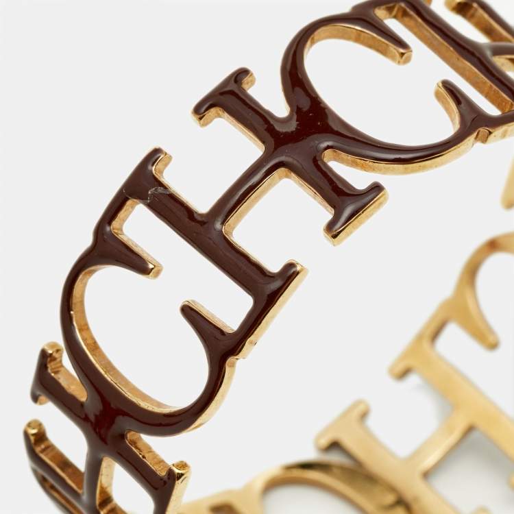 Pre Owned Carolina Herrera CH Motif Enamel Gold Tone Bangle Bracelet