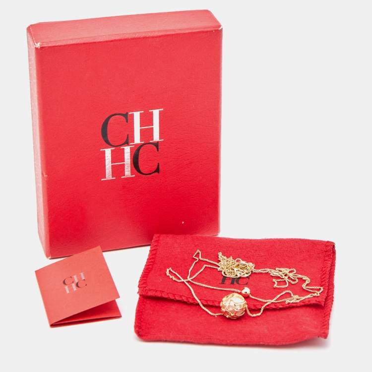 Pre Owned Carolina Herrera Faux Pearl Gold Tone Logo Double Strand Necklace