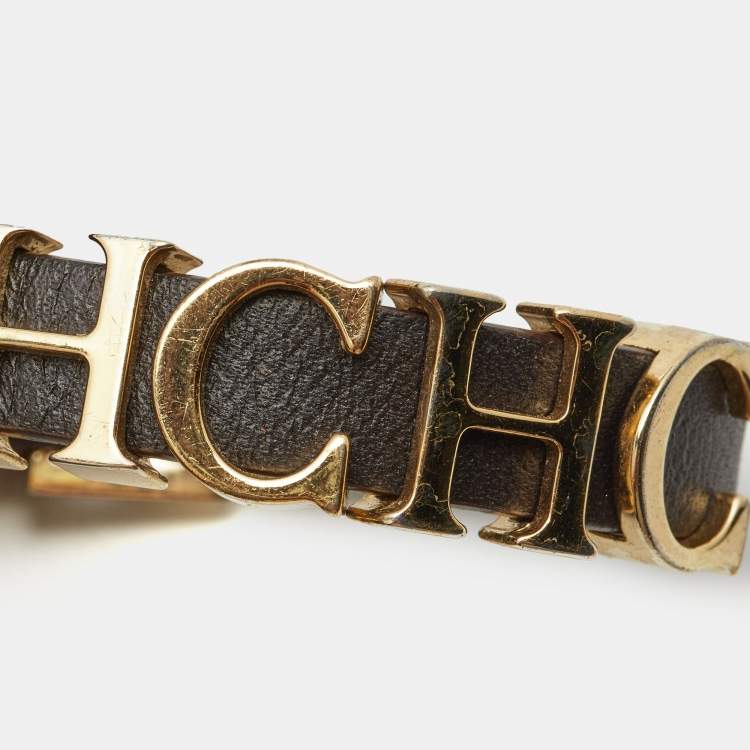 Pre Owned Carolina Herrera Brown Leather Logo Charm Bracelet