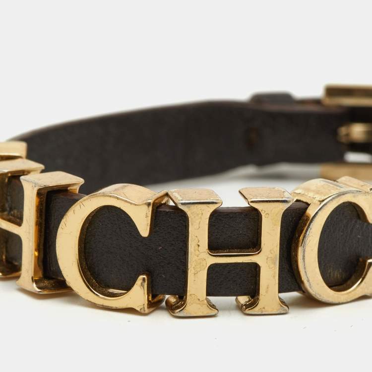 Pre Owned Carolina Herrera Brown Leather Logo Charm Bracelet