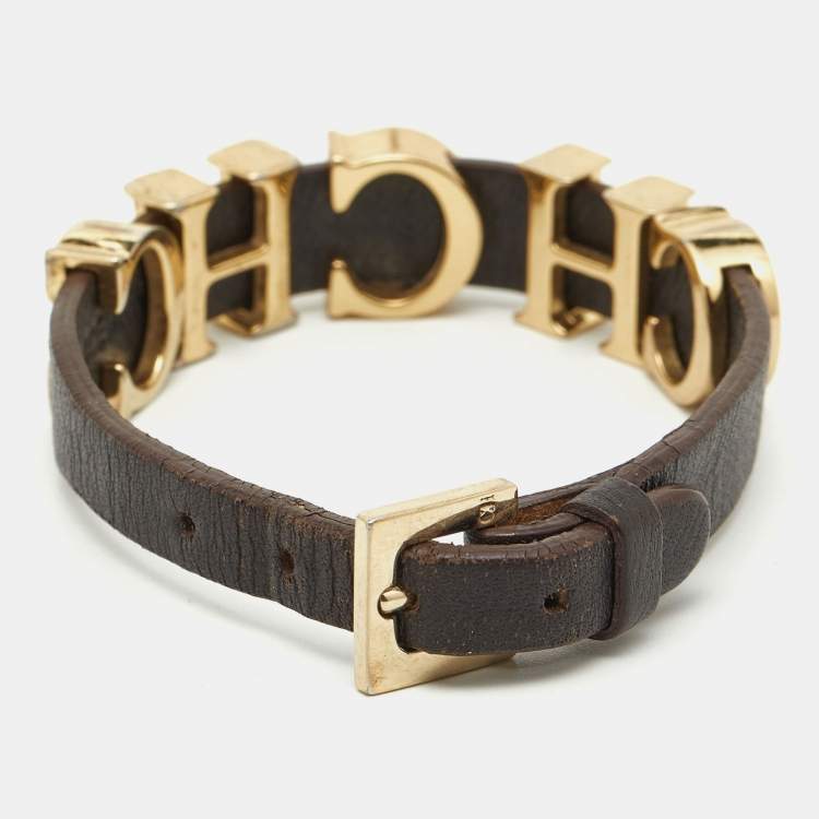 Pre Owned Carolina Herrera Brown Leather Logo Charm Bracelet