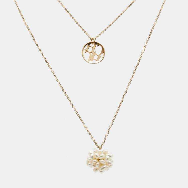Pre Owned Carolina Herrera CH Faux Pearl Gold Tone Double Chain Necklace