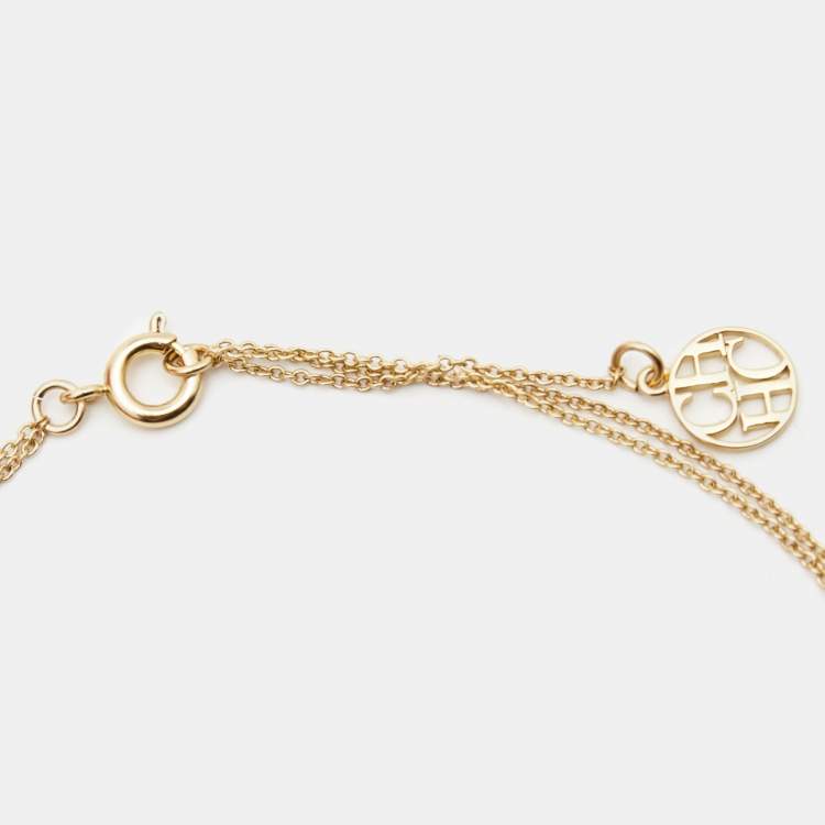 Pre Owned Carolina Herrera CH Faux Pearl Gold Tone Double Chain Necklace
