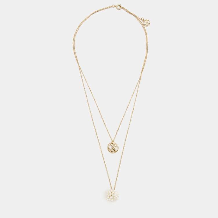 Pre Owned Carolina Herrera CH Faux Pearl Gold Tone Double Chain Necklace