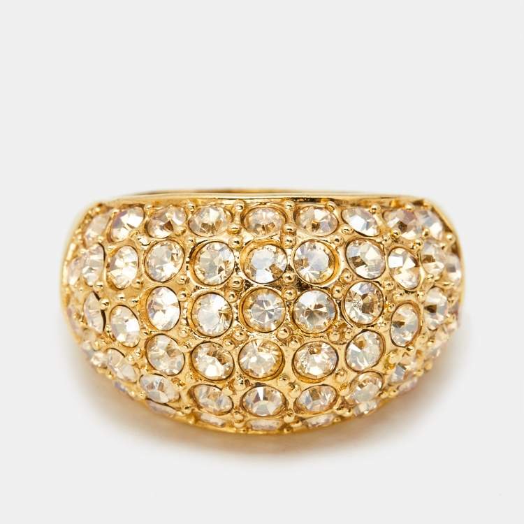 Pre Owned Carolina Herrera Crystal Studded Gold Tone Dome Ring Size 56