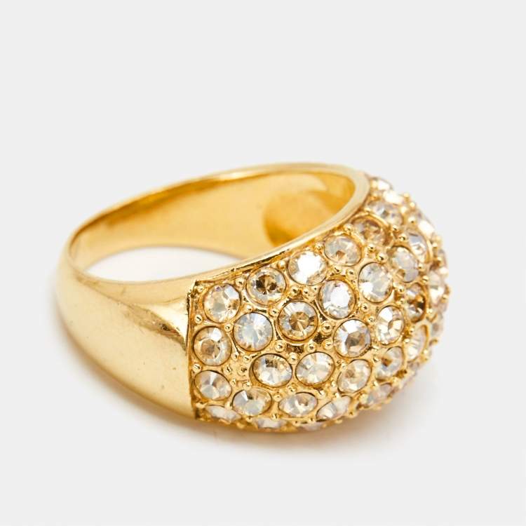 Pre Owned Carolina Herrera Crystal Studded Gold Tone Dome Ring Size 56