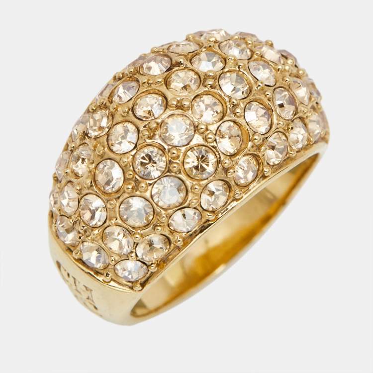 Pre Owned Carolina Herrera Crystal Studded Gold Tone Dome Ring Size 56
