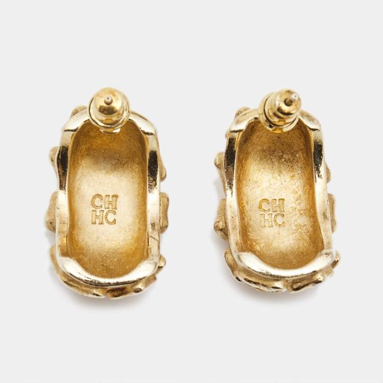 Pre Owned Carolina Herrera Crystal Textured Gold Tone Earrings