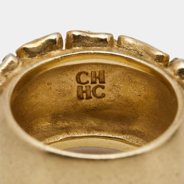 Pre Owned Carolina Herrera Crystal Textured Gold Tone Wide Band Ring Size 55