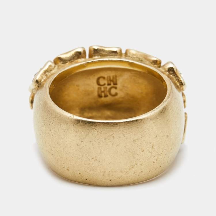 Pre Owned Carolina Herrera Crystal Textured Gold Tone Wide Band Ring Size 55