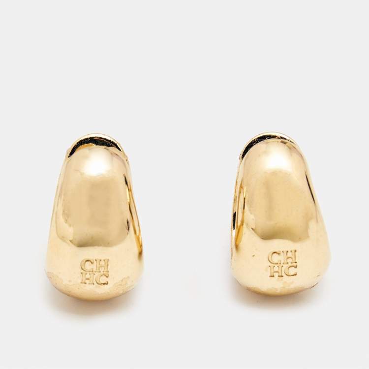 Pre Owned Carolina Herrera Crystal Studded Gold Tone Hoop Earrings