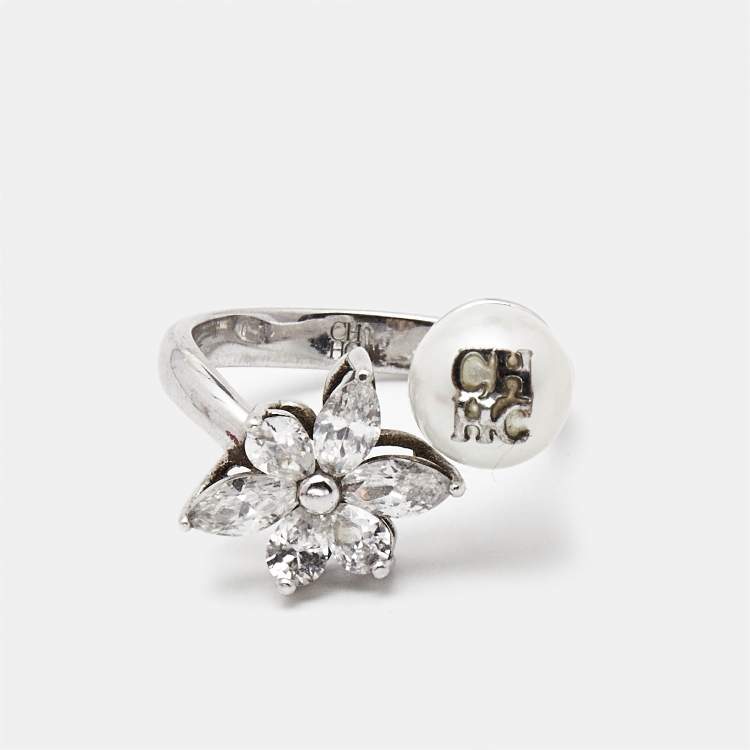 Pre Owned Carolina Herrera CH Crystal Faux Pearl Silver Tone Ring Size 56