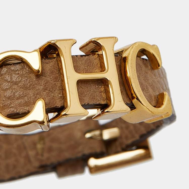Pre Owned Carolina Herrera Beige Leather Logo Charm Bracelet