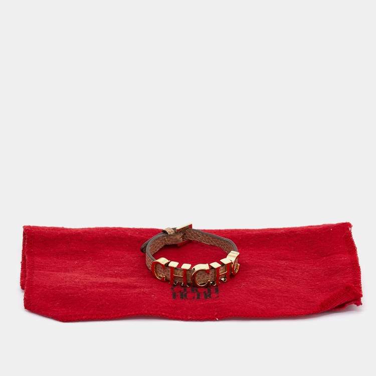Pre Owned Carolina Herrera Beige Leather Logo Charm Bracelet