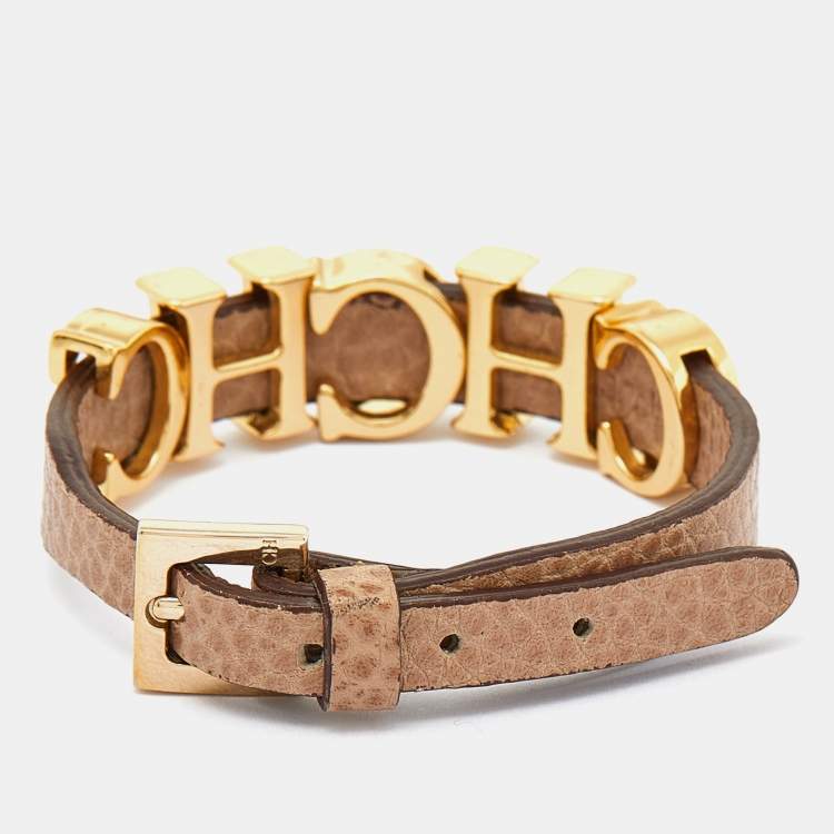 Pre Owned Carolina Herrera Beige Leather Logo Charm Bracelet