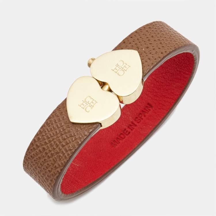 Pre Owned Carolina Herrera CH Leather Gold Tone Bracelet