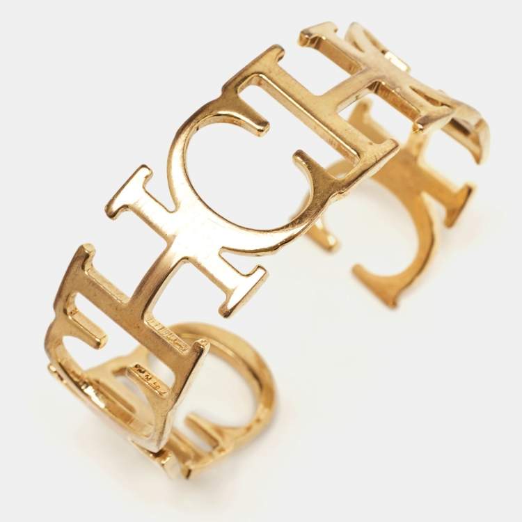 Pre Owned Carolina Herrera CH Between the Line Gold Tone Cuff Bracelet