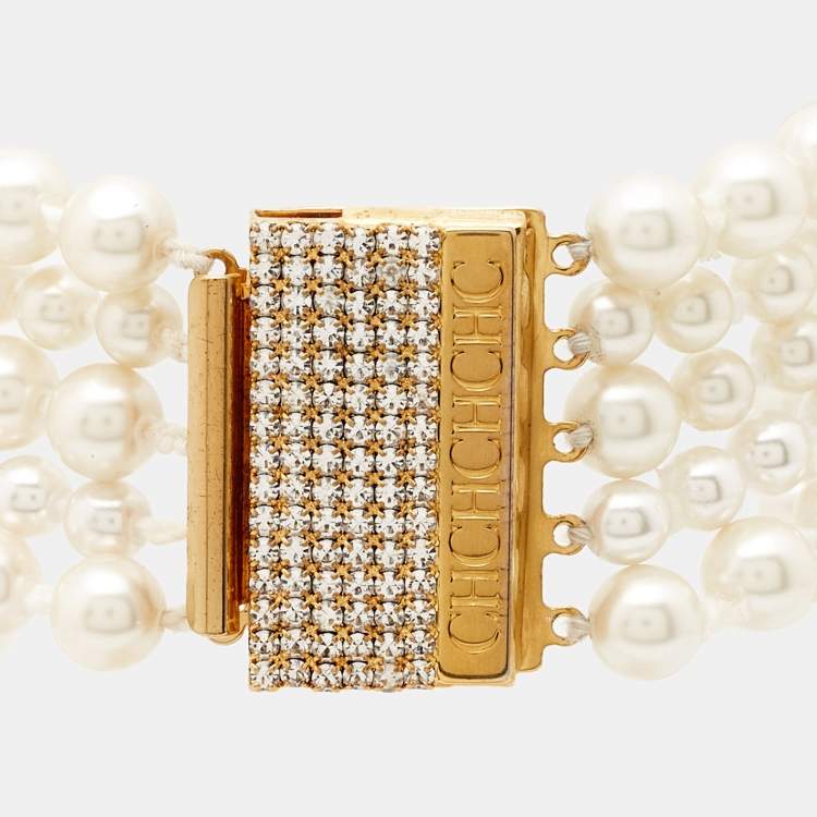 مملوكة مسبقًا Carolina Herrera CH Crystal Embellished Faux Pearl Gold Tone Necklace