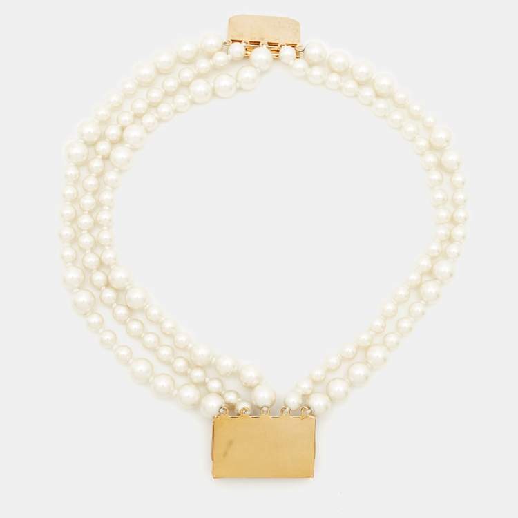 Pre Owned Carolina Herrera CH Crystal Faux Pearl Gold Tone Bracelet