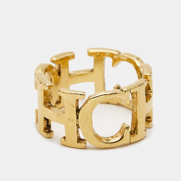 Pre Owned Carolina Hererra CH Gold Tone Ring Size 56