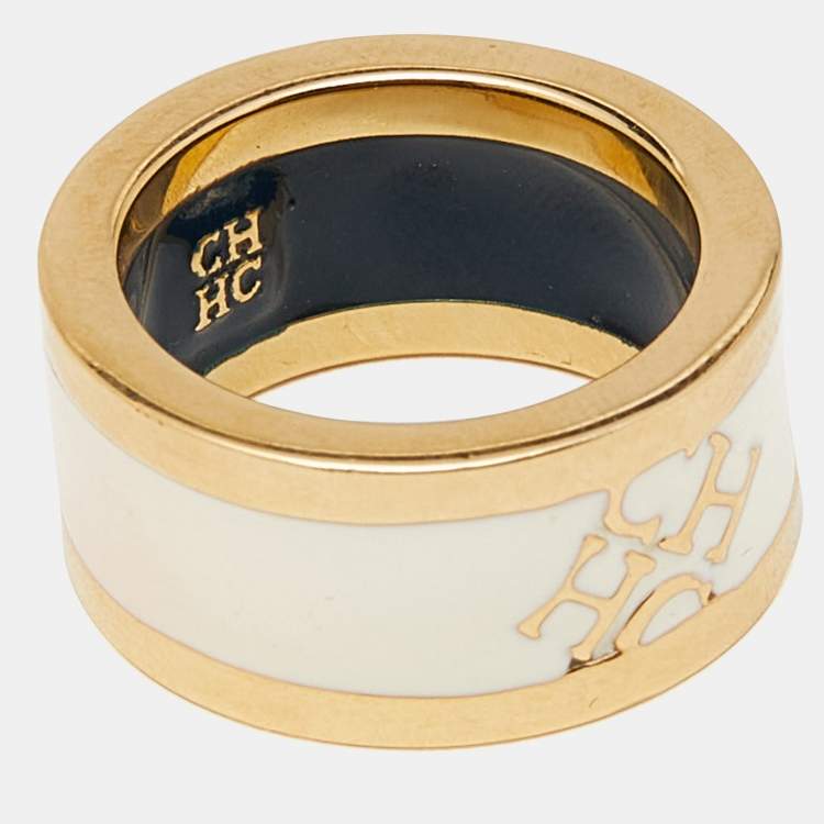 Pre Owned Carolina Herrera CH Cream Enamel Gold Tone Band Ring Size 54