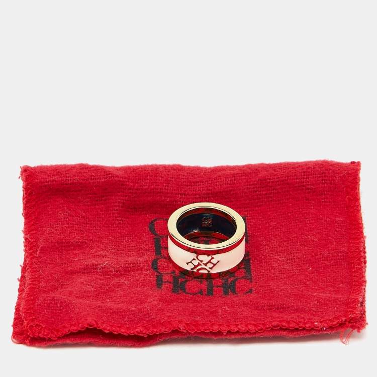 Pre Owned Carolina Herrera CH Cream Enamel Gold Tone Band Ring Size 54