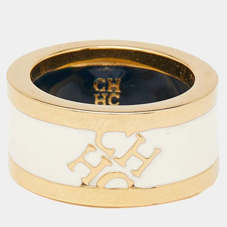 Pre Owned Carolina Herrera CH Cream Enamel Gold Tone Band Ring Size 54