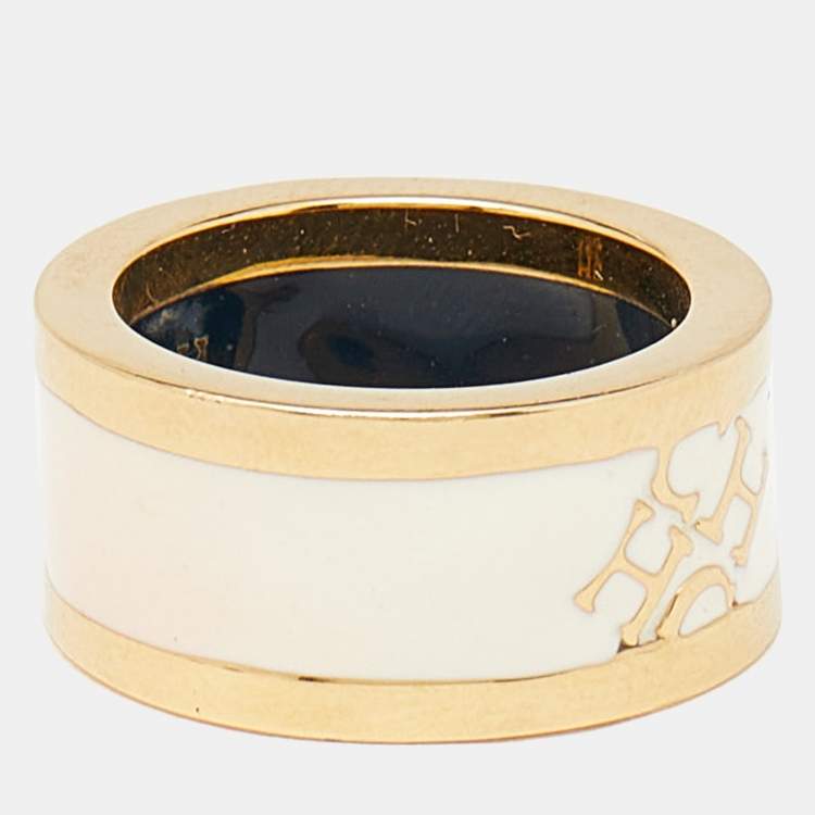 Pre Owned Carolina Herrera CH Cream Enamel Gold Tone Band Ring Size 54