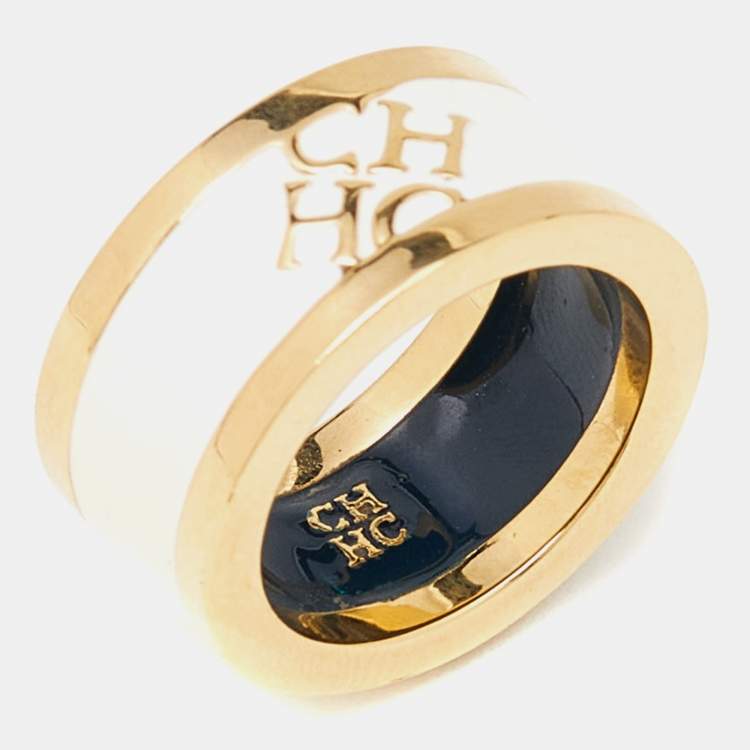 Pre Owned Carolina Herrera CH Cream Enamel Gold Tone Band Ring Size 54