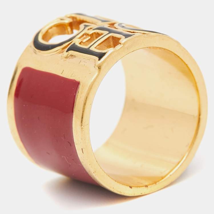 Pre Owned Carolina Herrera CH Enamel Gold Tone Ring Size 53