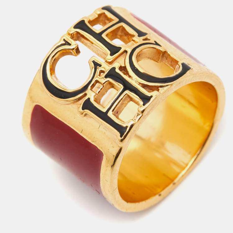 Pre Owned Carolina Herrera CH Enamel Gold Tone Ring Size 53