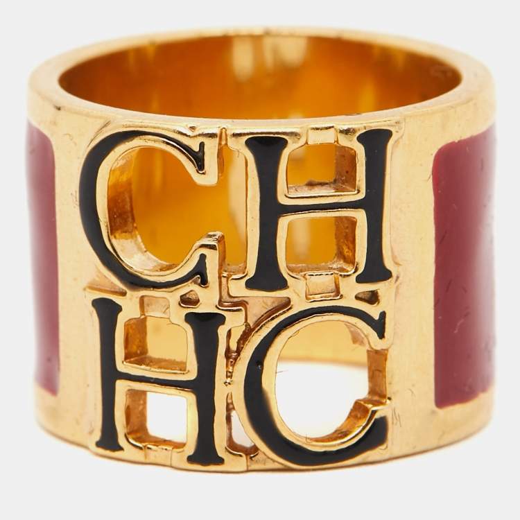 Pre Owned Carolina Herrera CH Enamel Gold Tone Ring Size 53