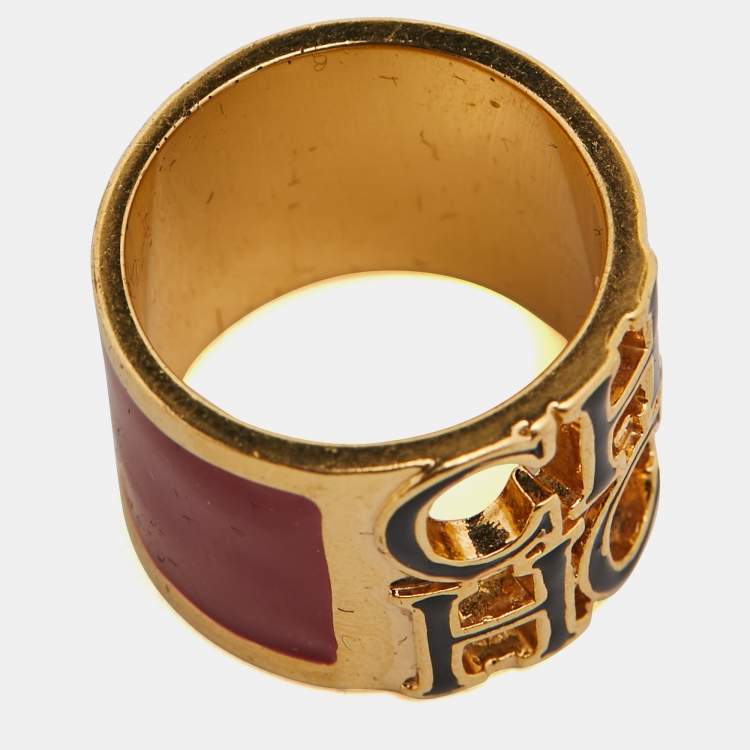Pre Owned Carolina Herrera CH Enamel Gold Tone Ring Size 53