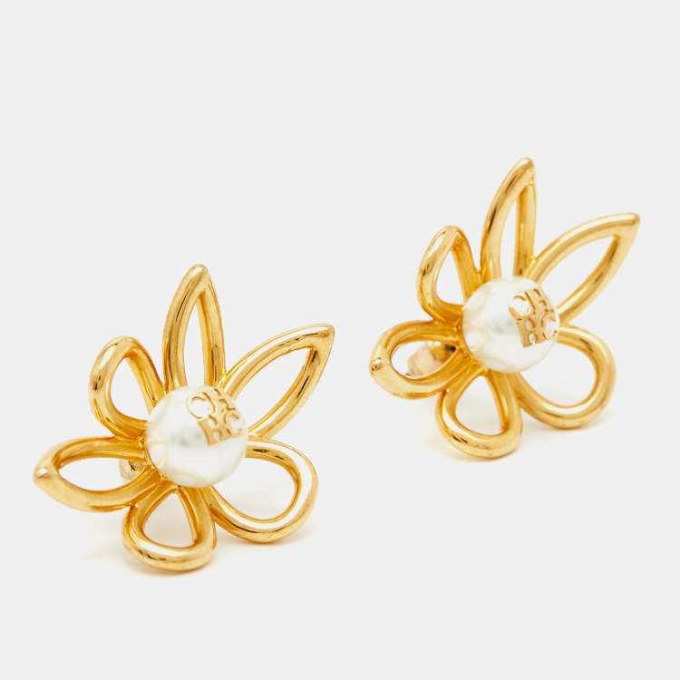 Pre Owned Carolina Herrera  CH Faux Pearl Gold  Tone Earrings